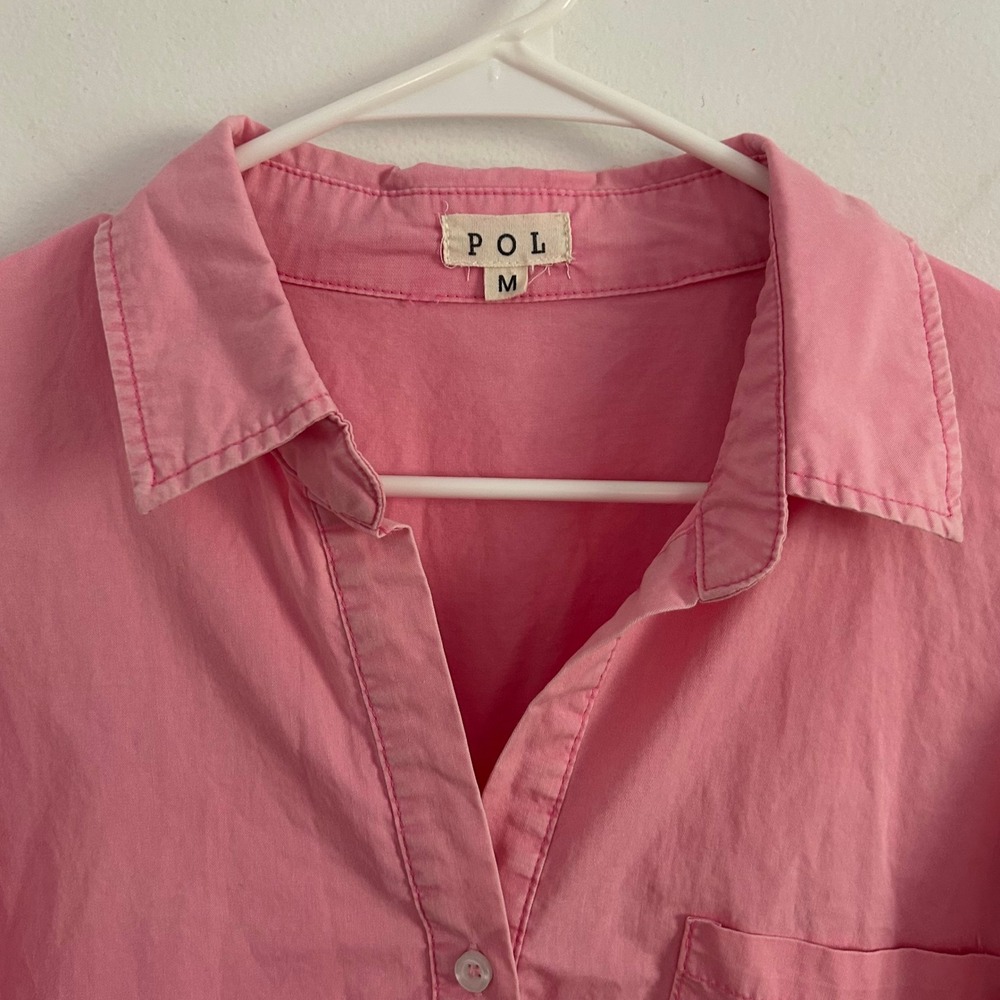 POL Womens Pink Button Down V-Neck Dolman Sleeve Cotton Shirt Medium - Picture 2 of 8